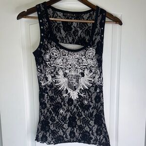 Skinny Minnie Women's Black and White Lace Tank Top